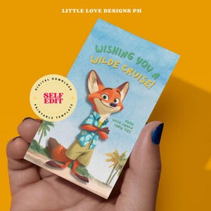 May include: A digital printable template featuring a cartoon fox character in a Hawaiian shirt and khaki shorts. The card reads "Wishing you a Wilde Cruise!" with the text "Wilde Family Cabin 7125" below the character. A yellow circle with "Self Edit" is also visible.