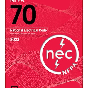 May include: A red cover with the text "NFPA 70" and "National Electrical Code 2023". A white circle with "nec" and lightning bolt symbols is on the lower right. The NFPA logo is in the bottom left.