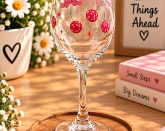 Taça de vinho com laço de cereja, estilo retrô rosa, presente feminino