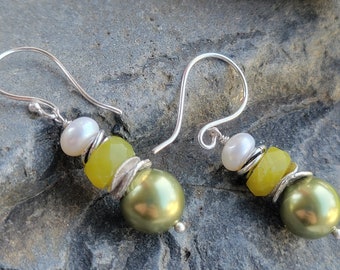 Artisan pearl and Serpentine earrings Silver wire wrapped Retired pistachio Swarovski pearls and natural pearls unique gifts drop earrings