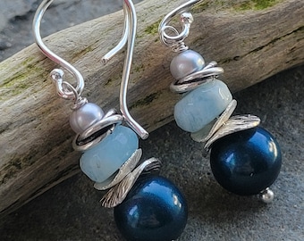 Artisan pearl and aquamarine earrings Silver wire wrapped Retired Swarovski pearls and natural pearls unique gifts drop earrings
