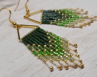 Spring collection, beaded fringe earrings, gradient color,  hand woven, grassy fields, unique gifts for her, short dangle