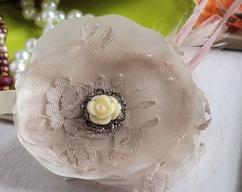 Vintage Style Hair Fascinator, upcycled, cosplay, period style dress, hat clip, hair fancy, unique gifts, beige and pearl