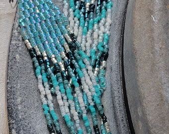 Neptune collection, water tones, beaded fringe earrings, unique gifts, hand woven