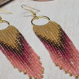 Ombre Perlen Fransen Perlen lang Goldbronze Rubinrot Koralle Inner Meerjungfrau handgewebt Boho-Stil Farbverlauf Sirene Schatz