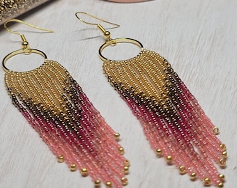 Ombre beaded fringe beads long gold bronze ruby red coral  inner mermaid hand woven boho style gradient siren treasure