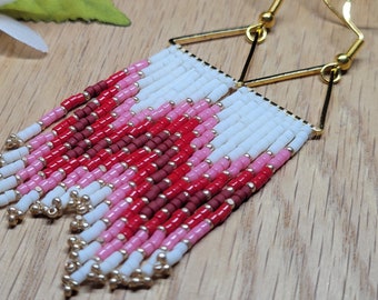 Valentine beaded fringe earrings, gradient color,  hand woven, cupid chevron, red pink