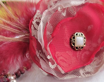 Vintage Style Hair Fascinator, upcycled, cosplay, period style dress, hat clip, hair fancy, unique gifts, red and gld