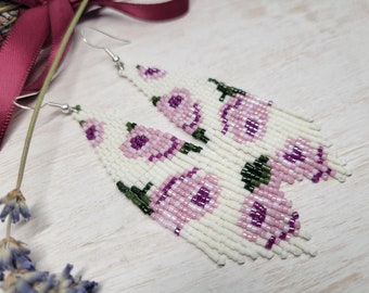 Lavender Spring Roses Beaded floral fringe earring  Hand Woven Earrings Unique Gifts for her floral design cream flowers