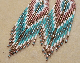 Copper Beaded fringe Earring, Hand woven, pattern, Shades of Turquoise, unique handmade gift, Boho style earring