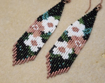 Beaded floral fringe earring  Hand Woven Earrings Unique Gift, floral design