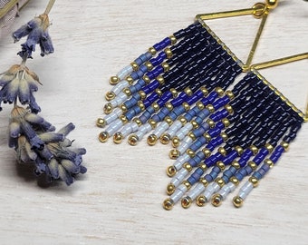 Neptune collection, beaded fringe earrings, gradient color,  hand woven, ocean theme