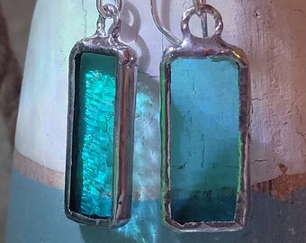 Stained glass earrings Tiffany style Sterling silver blue light one of a kind gifts unique and simple