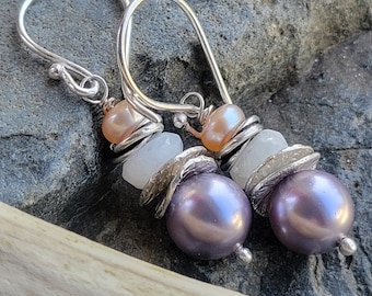 Artisan pearl and Moonstone earrings Silver wire wrapped Retired Swarovski pearls and natural pearls unique gifts drop earrings