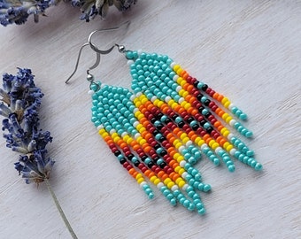 Beaded Fringe earrings teal red yellow seed bead unique gifts for her chevron style lightweight