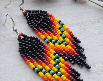 Beaded Fringe earrings black red yellow seed bead unique gifts for her chevron style lightweight boho hand woven