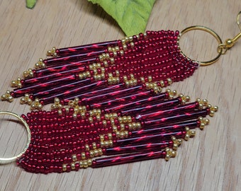 Be still my beating heart, beaded Fringe earring, hand made, shades of red and gold, unique gifts, hand woven boho style earring