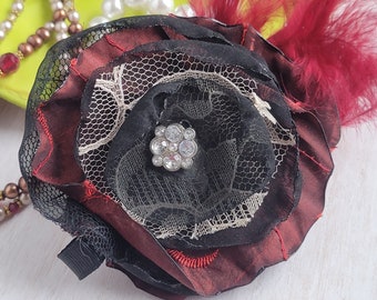 Vintage Style Hair Fascinator, upcycled, cosplay, period style dress, hat clip, hair fancy, unique gifts, red and black