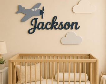 Personalized LED Backlit  Name Sign with Airplane, Wooden Nursery Wall Decor, Custom Baby Boy Name, Aviation Kids Room Decor