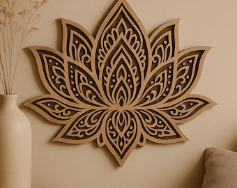 Lotus Flower Wood Wall Art Sign — Personalized Wooden Name Sign, Custom Floral Wall Decor, Engraved Lotus 3D Wall Hanging
