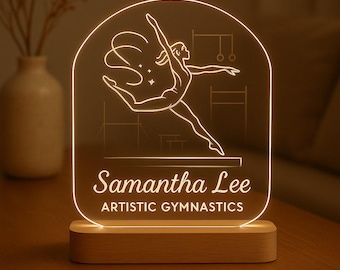 Gymnast Custom Night Light Personalized LED Gift with Laser Engraved Acrylic Plate and Wooden Base