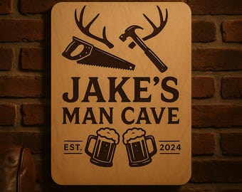 Letrero de madera personalizado para garaje, grabado con láser, decoración de pared para cueva de hombre para papá o esposo, placa rústica para taller o banco de herramientas
