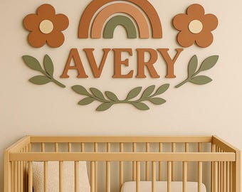 Boho Floral Baby Name Sign for Nursery Wall, Personalized Wooden Name Sign, Above Crib Decor, Baby Shower Gift, 3D Name Plaque