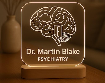 Psychiatrist Custom Night Light Personalized LED Gift with Laser Engraved Acrylic Design and Wooden Base