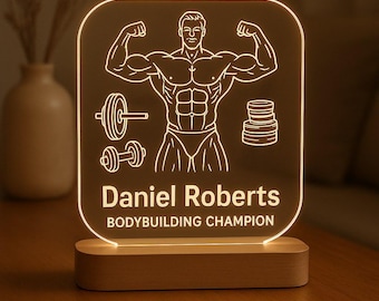 Bodybuilder Custom Night Light Personalized Gift with LED Base and Laser Engraved Acrylic Plate