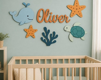 Personalized Name Sign, Natural Plywood Ocean Nursery Decor, Whale Turtle Sea Animal Wall Art, Custom Baby Boy Name, LED Backlit
