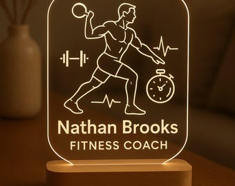 Fitness Coach Custom Night Light Personalized Gift with Laser Engraved Acrylic and LED Base for Trainers and Gym Lovers