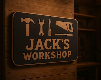 Personalized Wooden Garage Sign Custom Tool Wall Decor for Dad or Husband Rustic Workshop or Man Cave Wall Art Laser Engraved Wood Plaque