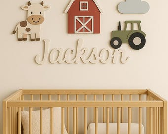Farm Themed Nursery Name Sign Above Crib, Personalized Wooden Name Sign for Baby, 3D Name Sign Nursery Wall Art Decor
