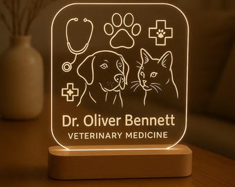 Luz nocturna personalizada para veterinario, regalo personalizado con base LED, diseño acrílico grabado con láser para clínica veterinaria o amante de los animales.