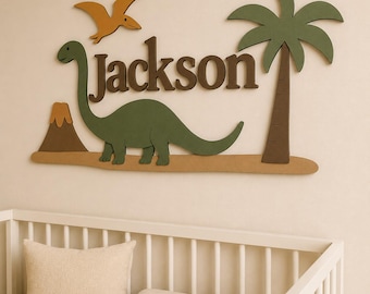Personalized Dinosaur Nursery Name Sign | Custom Wooden Baby Name Wall Decor | Dinosaur Nursery Decor | Kids Room Wall Art | Baby Boy Gift
