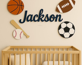 Sports Themed Personalized Name Sign For Nursery Wall, Custom Wooden Name Sign Above Crib, 3D Baby Name Plaque, Nursery Decor