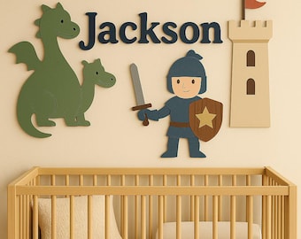 Knight and Dragon Custom Wooden Baby Name Sign For Nursery, Above Crib Nursery Decor, 3D Wooden Wall Art, Personalized Baby Gift