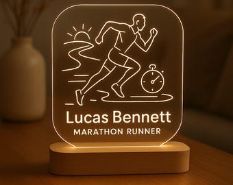 Runner Personalized Night Light Custom LED Lamp with Engraved Acrylic Plate and Wooden Base Gift for Athletes