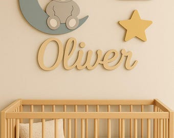 Above Crib Name Sign, Personalized Name Sign For Nursery, Wooden Name Sign, Teddy Bear and Moon Baby Wall Decor, 3D Baby Name Sign