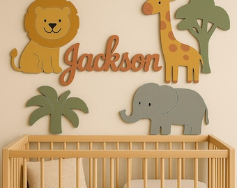 Safari Animal Nursery Name Sign, Personalized Wooden Wall Sign Above Crib, Custom Baby Name Plaque, Jungle Nursery Decor