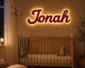 LED Backlit Wooden Name Sign in a Cozy Night Nursery | Photorealistic Etsy Mockup | Square Product Photo