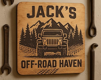 Letrero de garaje de aventura 4x4, personalizado, de madera, para pared, grabado personalizado, para hombre, rústico, para cueva de hombre o taller.