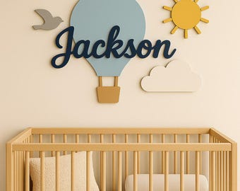 Above Crib Name Sign, Personalized Wooden Nursery Name Sign, Hot Air Balloon Baby Wall Decor, Custom Name Sign for Baby Room