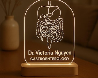 Gastroenterologist Custom Night Light Personalized LED Gift with Engraved Acrylic Design and Wooden Base