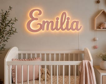 Personalized LED Name Sign for Nursery, Custom Wooden Baby Name Light, Pink Backlit Wall Decor, Baby Girl Room Sign, Nursery Name Decor