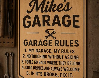 Letrero de madera personalizado para garaje, placa con nombre y reglas de garaje personalizadas, grabado a láser, para taller, cueva de hombre, arte de pared, acabado negro o nogal.