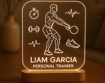 Personal Trainer Custom Night Light Personalized LED Gift with Laser Engraved Acrylic and Wooden Base