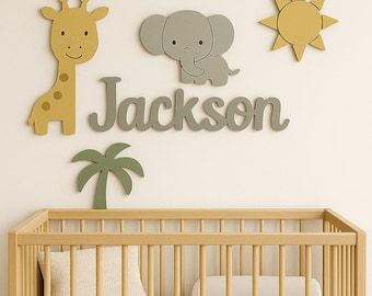 Safari Animal Nursery Name Sign, Personalized Wooden Name Sign, 3D Above Crib Wall Art, Baby Shower Gift, Custom Nursery Decor