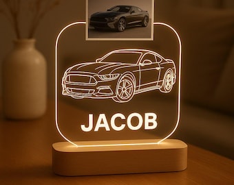 Custom Car Profile Night Light Personalized LED Gift with Laser Engraved Acrylic Plate and Wooden Base