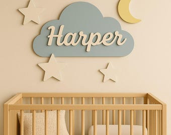 Cloud Shaped Personalized Wooden Name Sign, Nursery Wall Decor, Baby Name Sign Above Crib, Custom Nursery Name Plaque, 3D Wall Art
